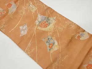 色紙に花々・芝模様織出し名古屋帯